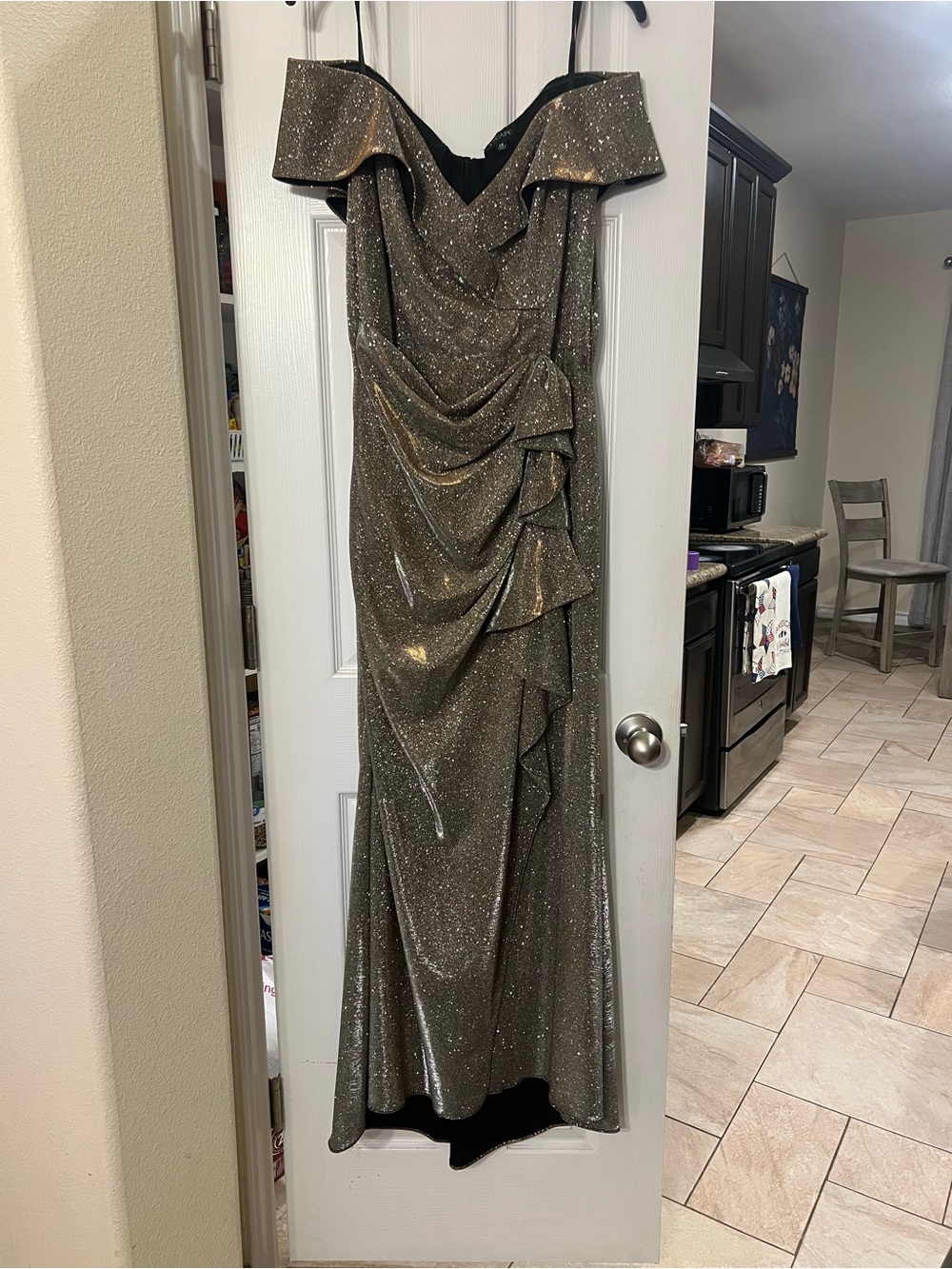 bronze off the shoulder gown dress